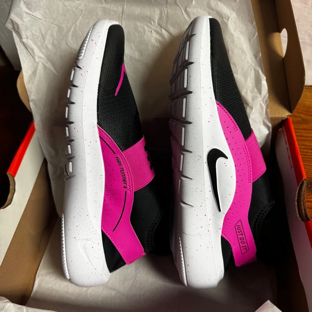 Nike Flex‎ Runner 4 GS Kids Black Pink Slip On Athletic Shoes Size 7Y